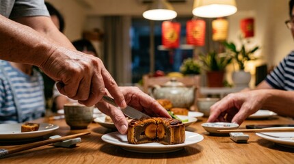 Fototapeta premium Hands cutting a mooncake on a white plate at a wooden dining table with chopsticks and cups, warm indoor lighting, shared family meal scene with a cozy evening gathering mood for advertising and edito