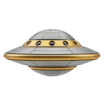 Metallic ufo spacecraft floating in space isolated on white background