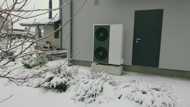 Modern heat pump outdoor unit installed on house wall during snowy winter day.