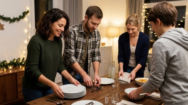 Four friends setting a dining table in a cozy home with warm holiday lights, arranging plates, bowls and napkins before a casual dinner gathering in a relaxed festive mood for advertising and editoria