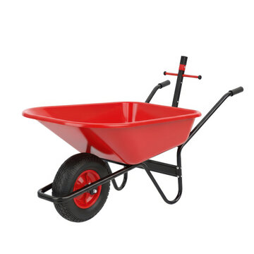 Red metal wheelbarrow for garden and construction work isolated on white background