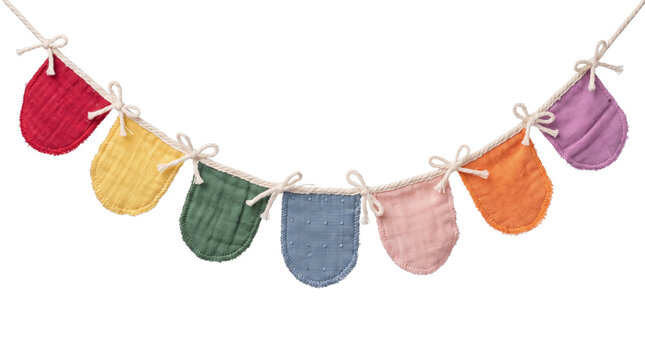 Colorful muslin fabric bunting garland, soft textile pennant banner for nursery decor, rainbow cotton flag party decoration on white background