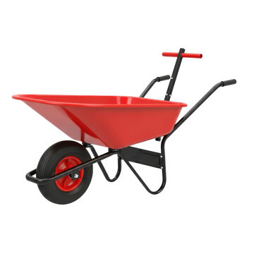 Red metal wheelbarrow for gardening and construction work isolated on white background
