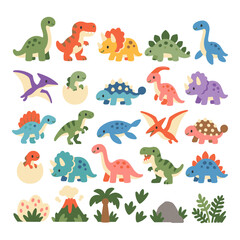 Fototapeta premium Cute Dinosaur Characters and Prehistoric Elements Vector Illustration Set