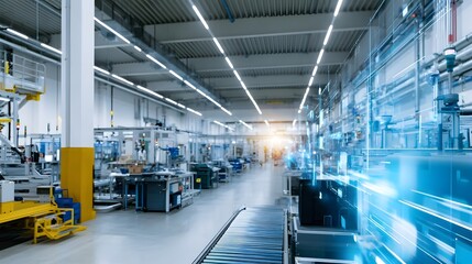 Obraz premium Modern factory interior with automated conveyor systems robotic hinery and digital interface overlays in a clean industrial setting