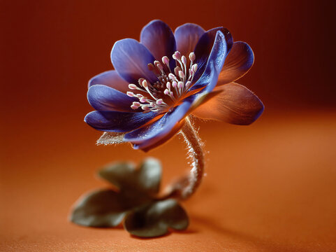 Minimalist close-up of a hepatica flower with velvety blue violet sepals, subtle gradient towards lighter center, delicate white stamens with pale pink anthers, short fuzzy silvery stem - AI-Generated