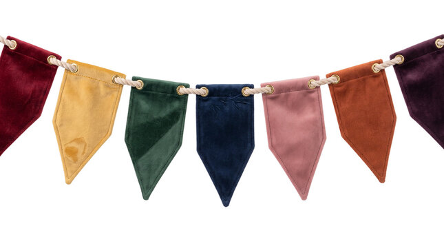 Colorful velvet bunting garland, elegant fabric pennant banner for party celebration, soft textile flags on rope for nursery and home decor