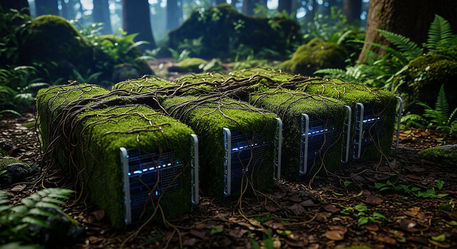 Green computing concept with data center servers in forest