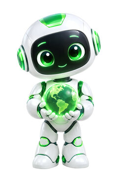 Green 3D robot mascot holding glowing Earth globe, eco technology icon