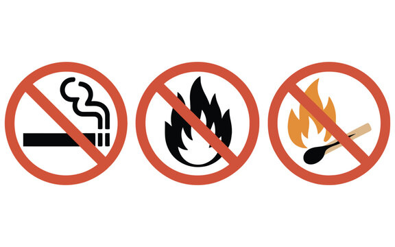 No smoking sign red prohibition icon, no open fire and flame restriction symbol for safety instructions, warnings, and public health