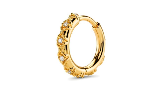 A clearer, modern reinterpretation of polished gold nose ring with gemstone detailing, luxury lighting on pure white background, minimum shadows, styled for visual appeal.