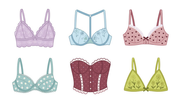 Female bra and lingerie vector set. Collection of colorful floral bralette, heart pattern brassiere, daisy print underwear, retro corset and undergarment clothing elements.