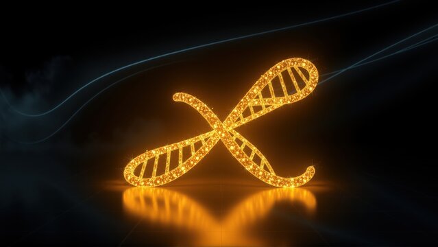 Golden abstract symbol resembling dna helix. Reflective surface, blue energy lines create dynamic visual effect. Futuristic design.