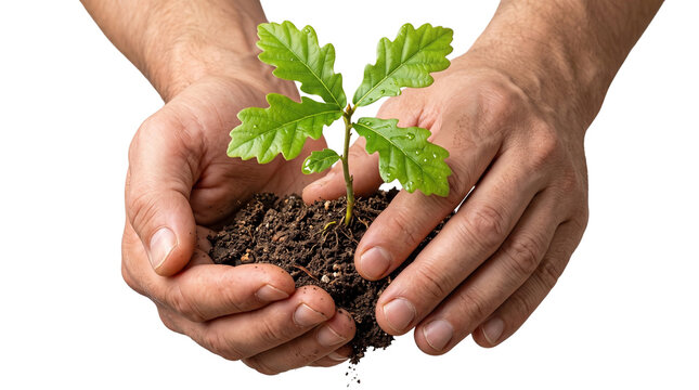 Oak tree sapling held in cupped hands with dark soil, green plant growth and reforestation concept, environmental sustainability on white