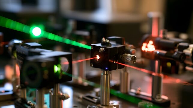 Close up of laser beams in a scientific setup with red and green light paths crossing through optical equipment