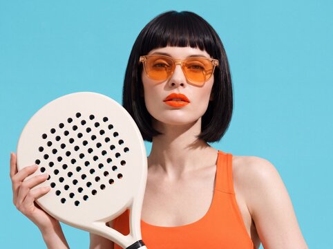 Stylish young woman holding a racket equipment ready for game tournament match