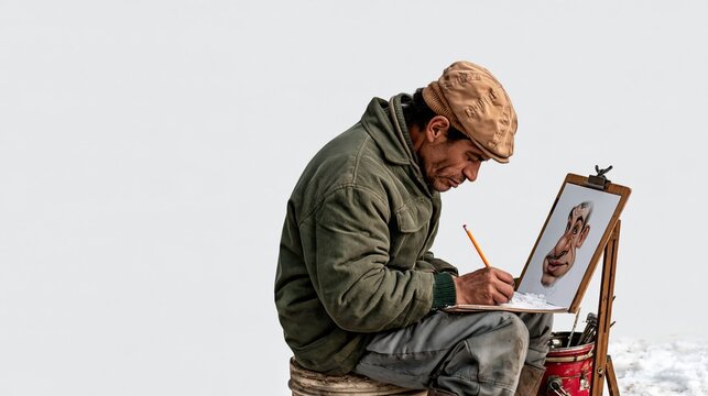 Funny caricaturist drawing a portrait on frozen paper as the pencil won't write, humorous winter street art photo with copy space