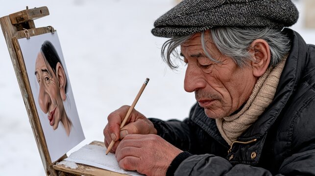Funny caricaturist drawing a portrait on frozen paper as the pencil won't write, humorous winter street art photo with copy space