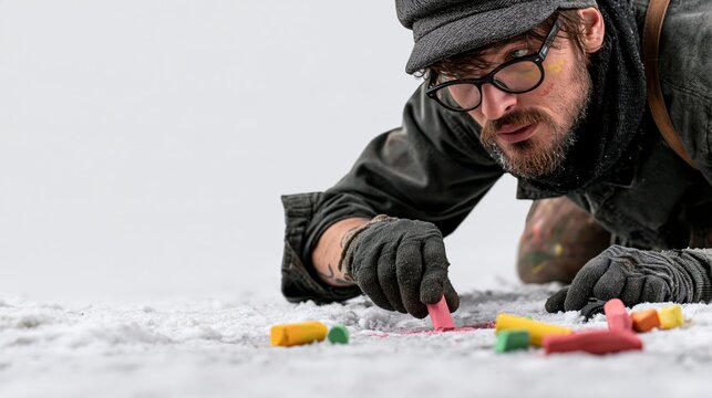 Funny chalk artist in gloves trying to draw on snow with colored chalk but it isn't working, confused look, humorous winter photo