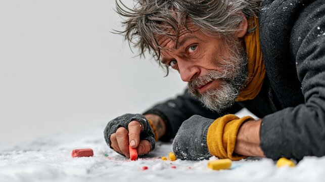 Funny chalk artist in gloves trying to draw on snow with colored chalk but it isn't working, confused look, humorous winter photo