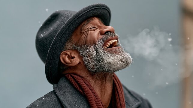 Funny senior man laughing at a street performer's joke, hat askew, breath visible in the cold, humorous winter street photo