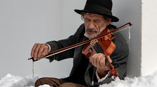 Funny violinist playing passionately on a snowy corner with an icicle hanging from his bow, humorous winter street photo with copy space