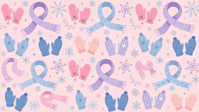 A seamless pattern on a pale pink background featuring winter attire, such as coiled scarves and knitted winter gloves with snowflake patterns.