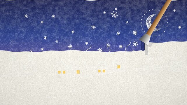 Watercolor wash reveals a hidden white crayon drawing of a snowy village at night with moon, stars and snowflakes, wax resist art, seamless loop