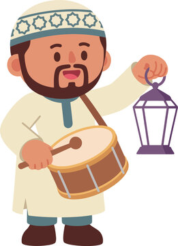 Flat Muslim Man Beating Large Bedug Ramadan Drum Vector Illustration   