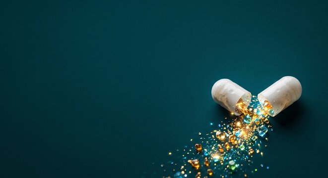 Open medical capsule spilling glowing magical crystals and sparkling light on a dark background