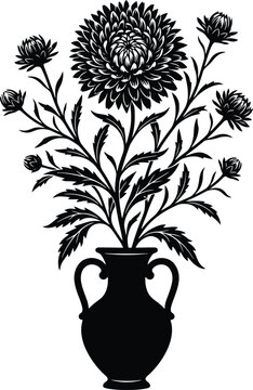Black silhouette double aster chrysanthemum vase flowers isolated white background decorative illustration