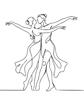 Continuous Line Drawing of Two Ballerinas in Elegant Dance Embrace