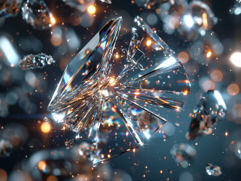 Close-up of a shattered, crystalline object possibly a diamond, with multiple facets reflecting light in a dark background Sharp, scattered glass fragments are suspended mid-air, eac - AI-Generated