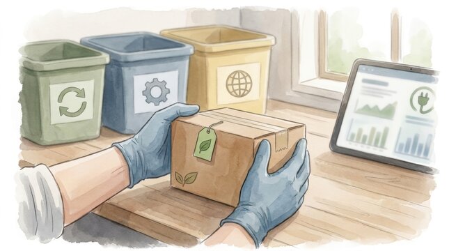 reverse logistics product return sorting Person wearing gloves handling a recyclable package near sorting bins and a tablet.