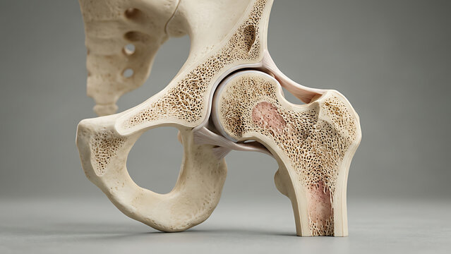 Anatomical cross section of human hip joint and femur
