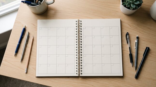 Open blank monthly planner with pens and pencil on a wooden desk, ready for scheduling and organization