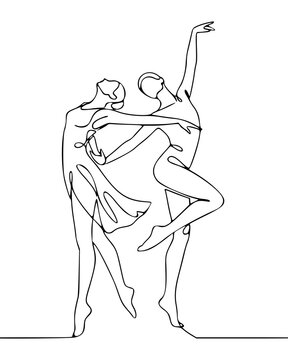 Continuous Line Art of Ballet Couple in Graceful Dance Embrace