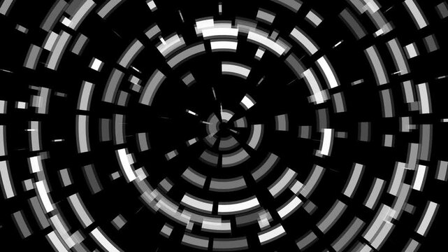 Abstract black and white circular digital vortex spinning fast background loop