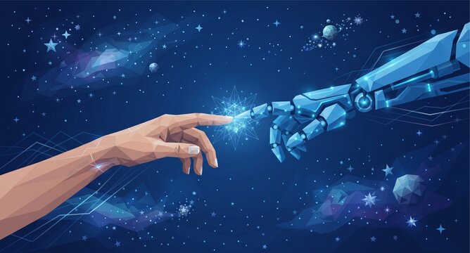 Robot or cyborg arm and hand human. Touch Technological concept. Low poly blue. Polygonal abstract health illustration. Low poly vector illustration of a starry sky or Cosmos.