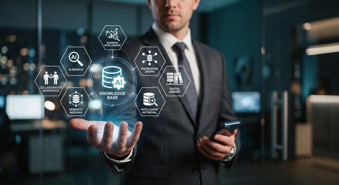 Professional interacting with AI knowledge base and semantic search digital interface.