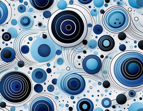 abstract geometric seamless pattern featuring varying sized solid and outlined circles with dots and bubbles in light blue dark blue and black on a white background