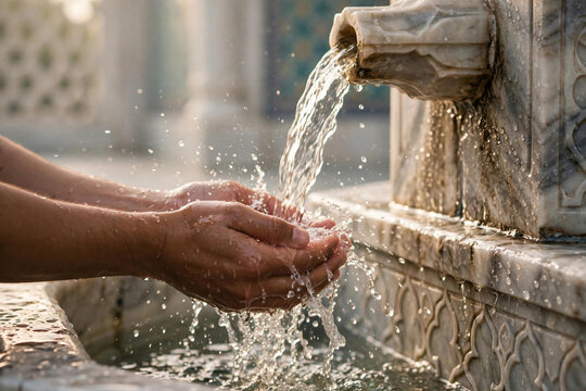 Hands performing wudu ablution under flowing water at mosque fountain