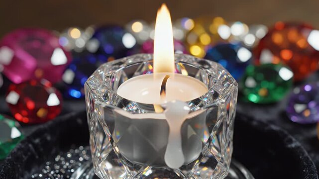 A close-up of a lit tealight in a crystal votive surrounded by colorful gems
