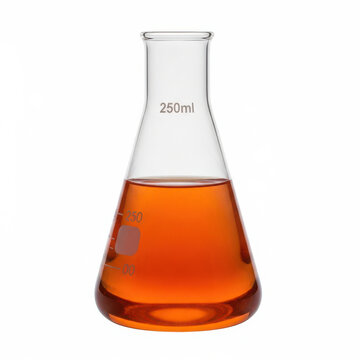 Glass erlenmeyer flask with orange liquid for science isolated on white background