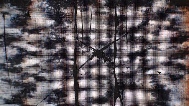 Distorted, gritty, abstract television screen test pattern with color bars and static