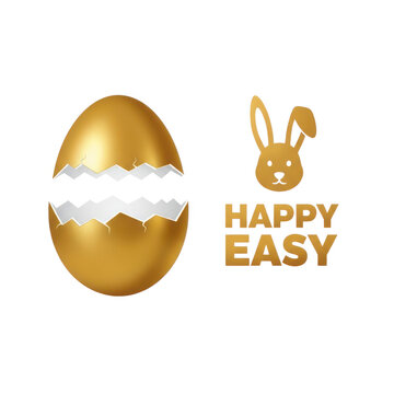 Golden easter egg and bunny head icon with happy easy text isolated on white background