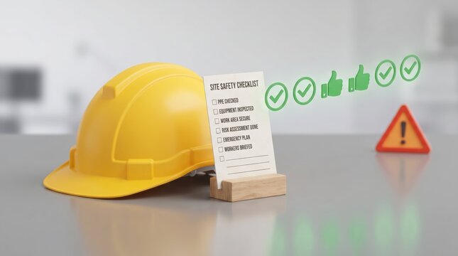 Yellow hard hat with site safety checklist and warning icons