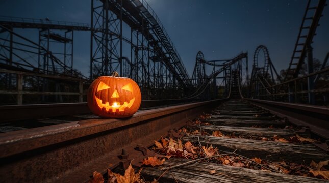 Glowing carved jack o lantern on dark forest ground