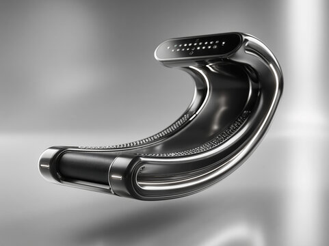 Futuristic treadmill, metallic chair, empty studio, gradient lighting, glossy reflections, minimal composition, muted colors, sleek design, smooth curves, three-dimensional form, ambien - AI-Generated