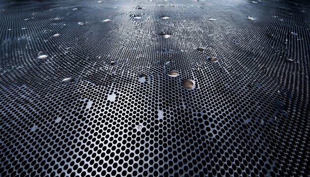 close up of a perforated metal grid or speaker grill creating a textured pattern with numerous symmetrical circular holes providing a modern industrial background